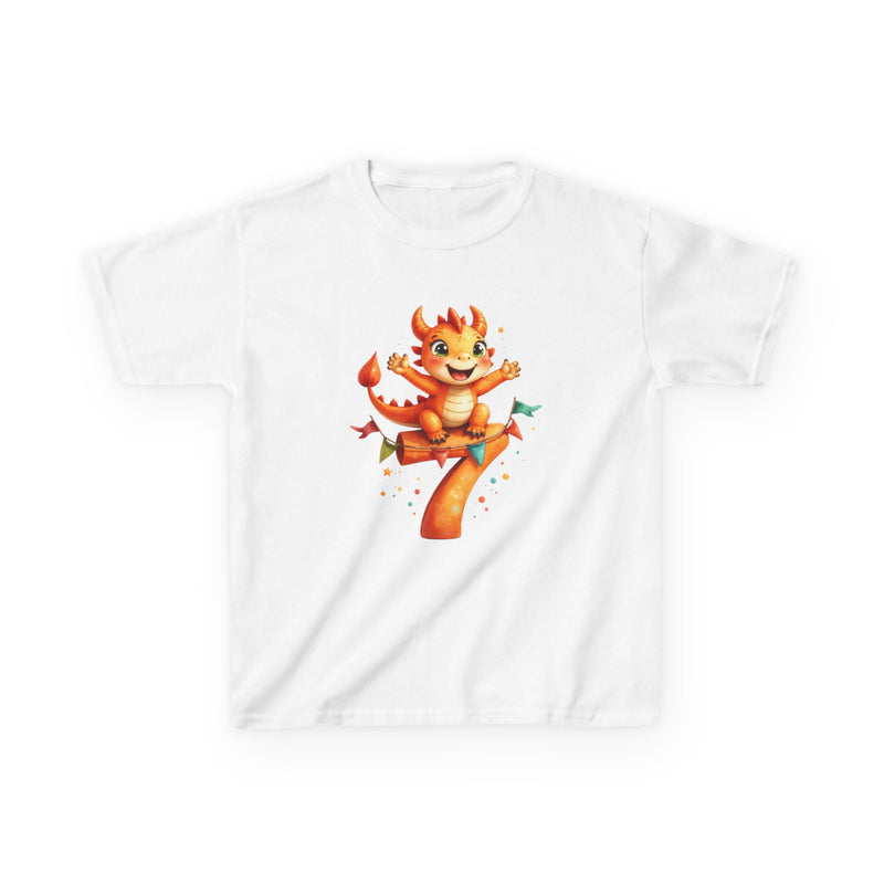 Kids' 7th Birthday Dragon T‑Shirt — Cute Orange Dragon on Number 7