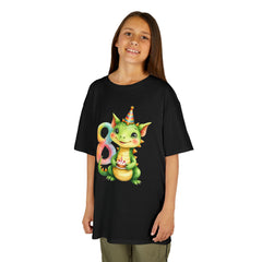 Kids Birthday Dragon Tee — Cute Party Hat Dragon with Number 8 Cake