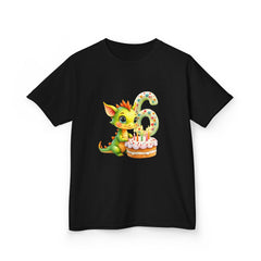 Kids 6th Birthday T-Shirt — Cute Green Dragon with Cake "6" Design
