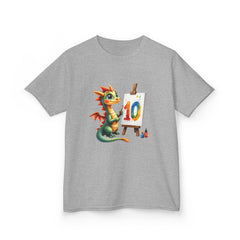 Kids Birthday T‑Shirt — Cute Dragon Painting a '10' Cake Design