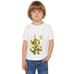 4th Birthday Dragon Toddler T-Shirt — Cute Party Dino with Cake
