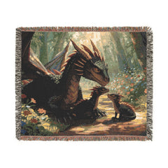 Dragon family of 3, one adult. Woven Blanket — Fantasy Forest Throw
