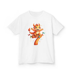 Kids' 7th Birthday Dragon T‑Shirt — Cute Orange Dragon on Number 7