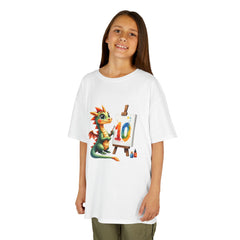 Kids Birthday T‑Shirt — Cute Dragon Painting a '10' Cake Design