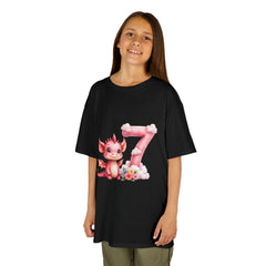 Kids 7th Birthday T‑Shirt — Cute Pink Dragon Number 7 Design