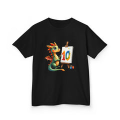 Kids Birthday T‑Shirt — Cute Dragon Painting a '10' Cake Design
