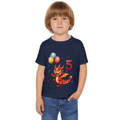 5th Birthday Dragon Toddler T-Shirt — Cute Red Dragon with Balloons