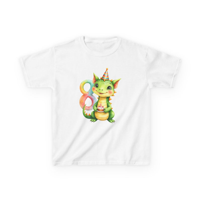 Kids Birthday Dragon Tee — Cute Party Hat Dragon with Number 8 Cake