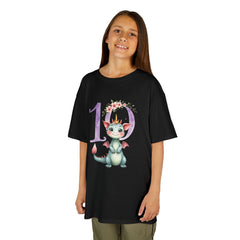 Kids 10th Birthday Dragon Tee — Cute Crowned Dragon with Floral Number 10