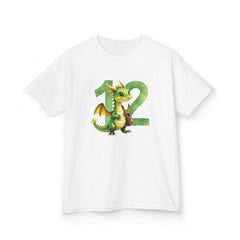 Kids 12th Birthday T‑Shirt — Cute Green Dragon with Number 12