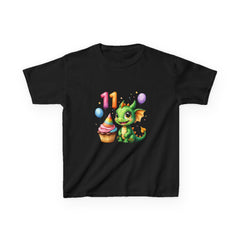 11th Birthday Dragon Kids T‑Shirt — Cute Green Dragon with Cupcake & Balloons