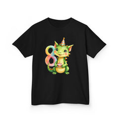 Kids Birthday Dragon Tee — Cute Party Hat Dragon with Number 8 Cake