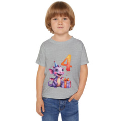Toddler T-Shirt — Cute Purple Dragon 4th Birthday Shirt with Party Hat & Gift