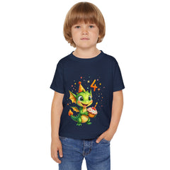 4th Birthday Dragon Toddler T-Shirt — Cute Party Dino with Cake
