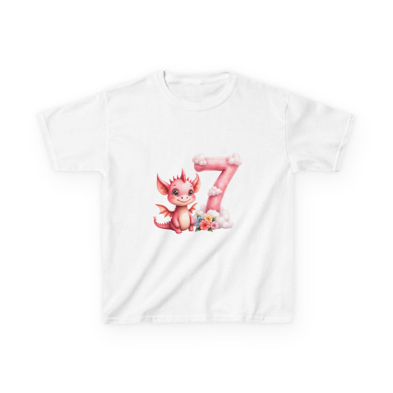 Kids 7th Birthday T‑Shirt — Cute Pink Dragon Number 7 Design