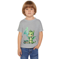 4th Birthday Dragon Toddler T-Shirt — Cute Green Dragon with Books
