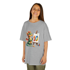 Kids Birthday T‑Shirt — Cute Dragon Painting a '10' Cake Design