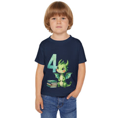 4th Birthday Dragon Toddler T-Shirt — Cute Green Dragon with Books
