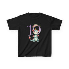 Kids 10th Birthday Dragon Tee — Cute Crowned Dragon with Floral Number 10