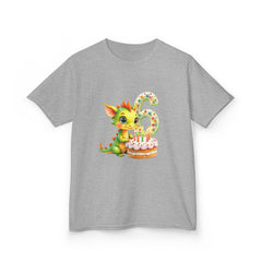 Kids 6th Birthday T-Shirt — Cute Green Dragon with Cake "6" Design