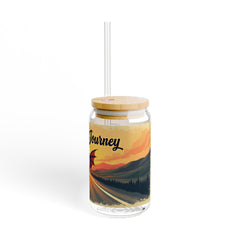Enjoy the Journey Sipper Glass — 16oz Travel Drink Jar with Dragon Sunset Design