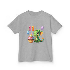 11th Birthday Dragon Kids T‑Shirt — Cute Green Dragon with Cupcake & Balloons