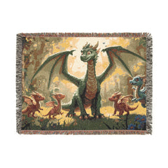 Dragon Family of 5, one adult. Woven Blanket — Fantasy Throw