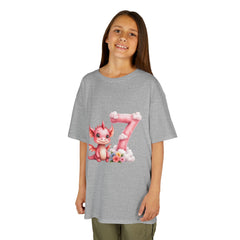 Kids 7th Birthday T‑Shirt — Cute Pink Dragon Number 7 Design