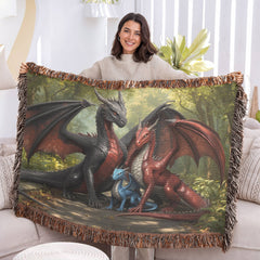 dragon family of three woven blanket