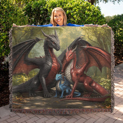 dragon family of three woven blanket