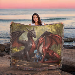 dragon family of three woven blanket