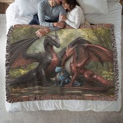 dragon family of three woven blanket