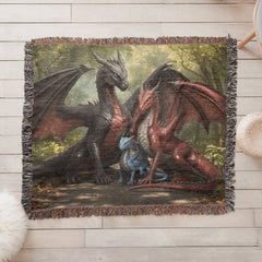dragon family of three woven blanket