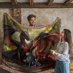 dragon family of three woven blanket